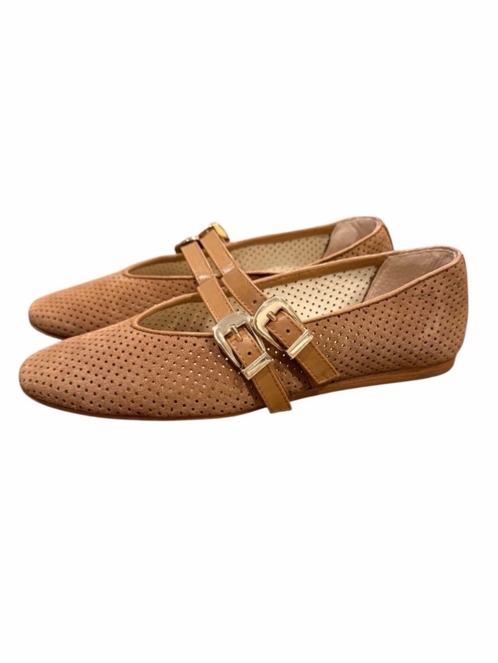 Dolce Vita Tan Perforated Double-Buckle Mary Jane Flats